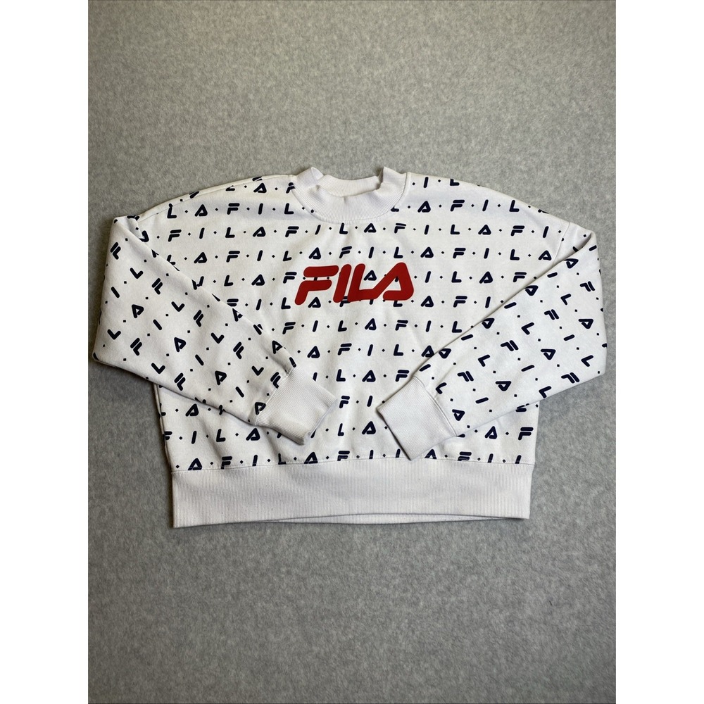 FILA Womens Heritage All Over Logo Cropped Crewneck Fleece Sweatshirt White L